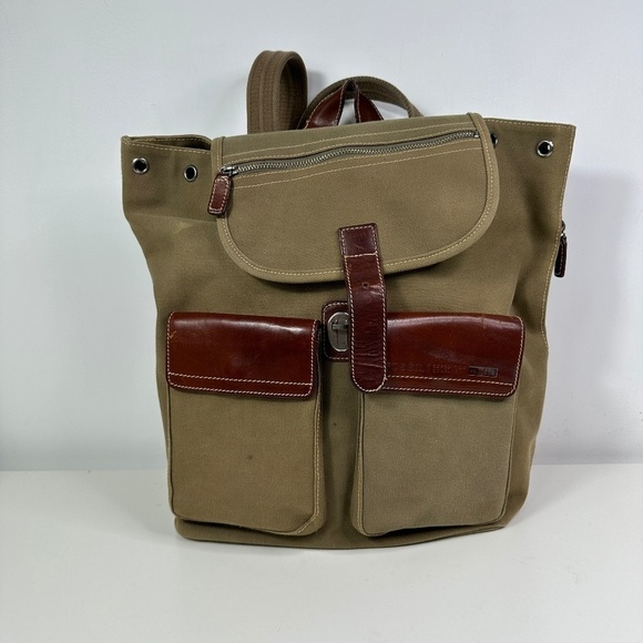 Fossil Green Canvas Brown Leather-Trim Backpack Travel Bag - Picture 1 of 13